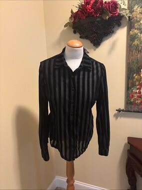 Black Sheer Velveteen Stripe Button-Up Women's Blouse
